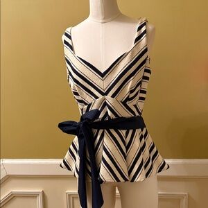 Anthro Marge Sleeveless Navy and Cream Striped Peplum Tie-Waist Blouse